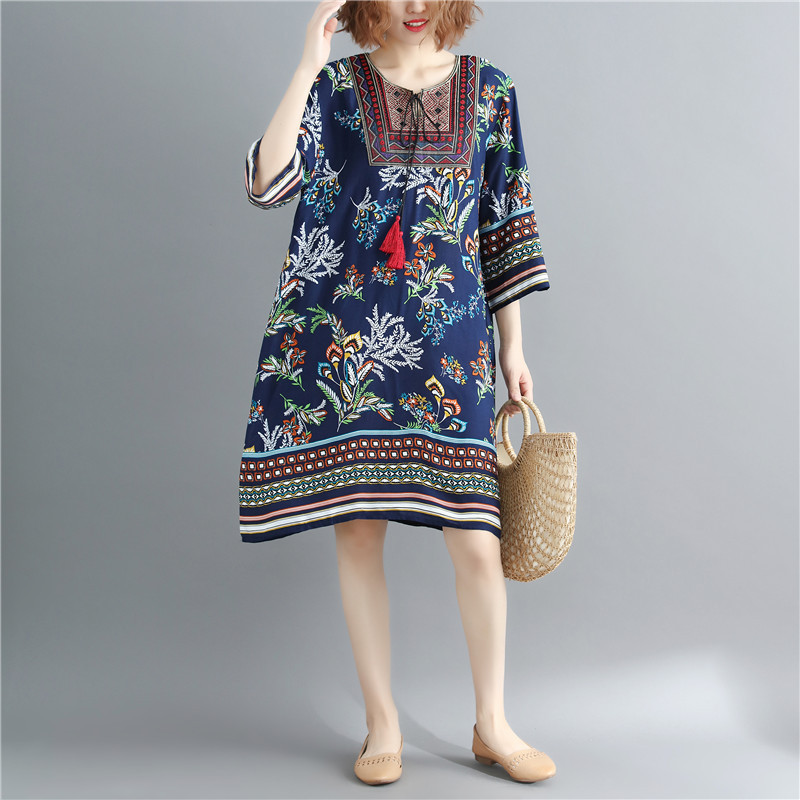 Ladyline Tunique Longue Kurti En Coton Imprimé Ethnique - Avec Fente Et Manches Enroulables