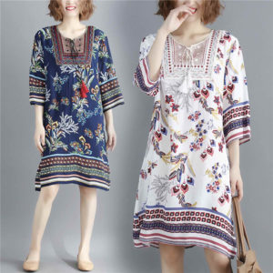 Robe en coton et lin de style ethnique pour femmes