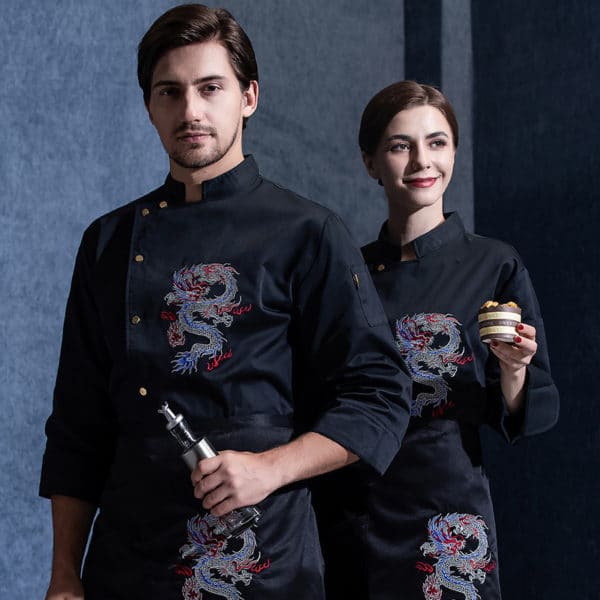 Veste de restaurant-pizzeria et cafétéria à manches longues dragon. Veste de cuisine pour hommes et femmes – Image 2