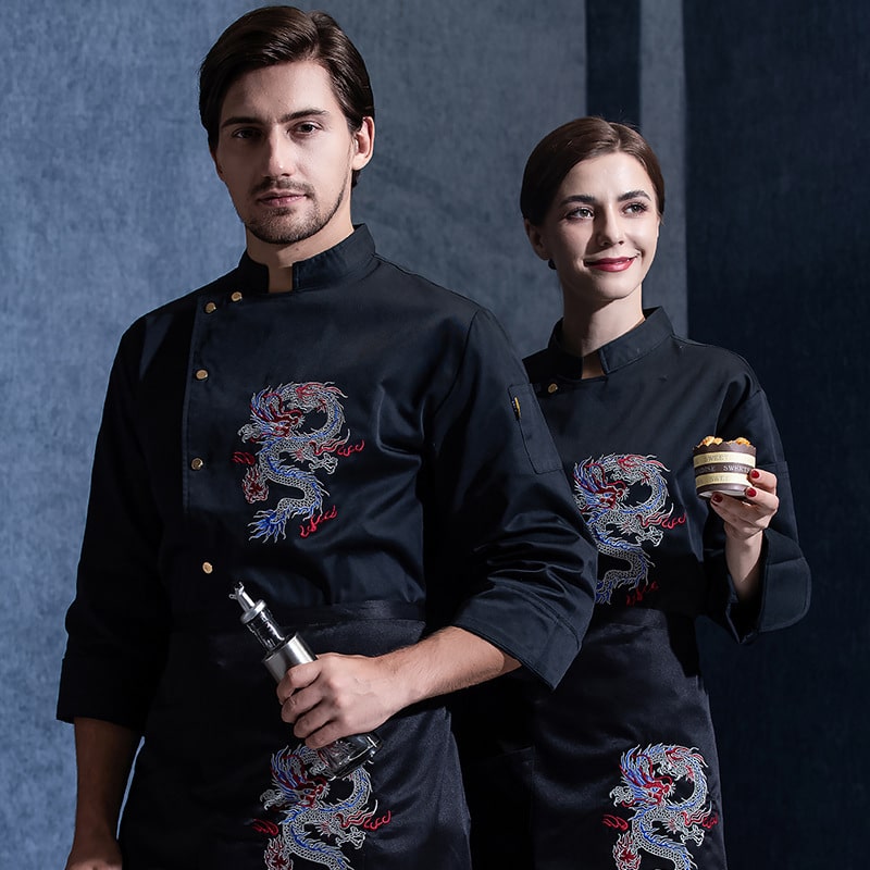 Veste de restaurant-pizzeria et cafétéria à manches longues dragon. Veste de cuisine pour hommes et femmes – Image 2