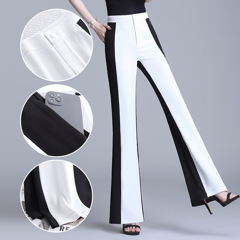 Pantalon taille haute décontracté pour femmes. Mousseline noire et blanche cousue. Pantalon à jambes droites – Image 5