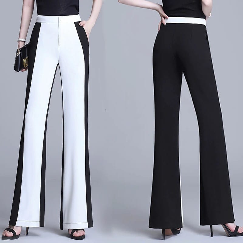 Pantalon taille haute décontracté pour femmes. Mousseline noire et blanche cousue. Pantalon à jambes droites