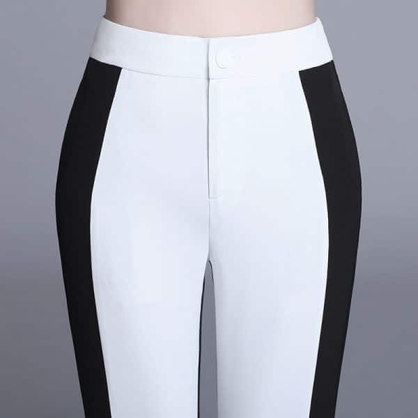 Pantalon taille haute décontracté pour femmes. Mousseline noire et blanche cousue. Pantalon à jambes droites – Image 4