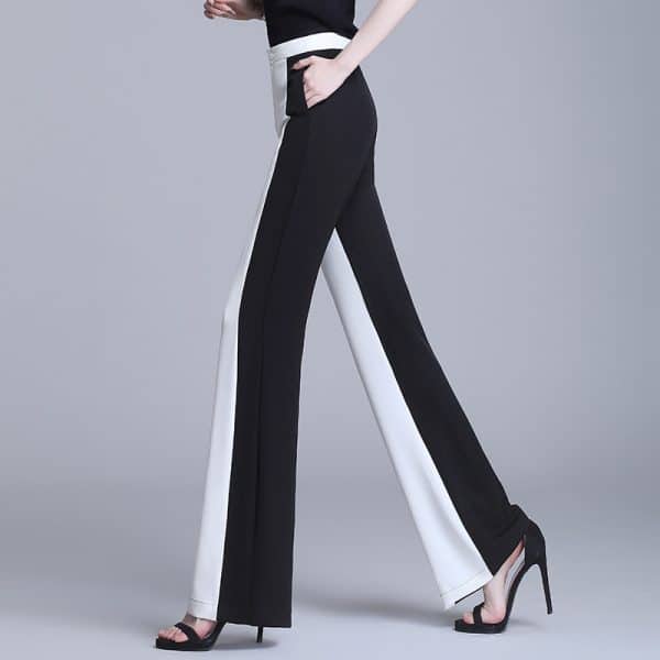 Pantalon taille haute décontracté pour femmes. Mousseline noire et blanche cousue. Pantalon à jambes droites – Image 2