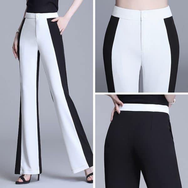 Pantalon taille haute décontracté pour femmes. Mousseline noire et blanche cousue. Pantalon à jambes droites – Image 3