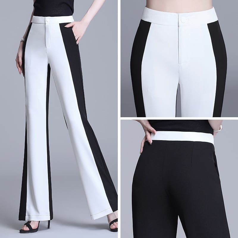 Pantalon taille haute décontracté pour femmes. Mousseline noire et blanche cousue. Pantalon à jambes droites – Image 3