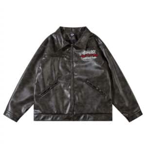 Veste en cuir ample à broderie de lettres à l'ancienne de style moderne pour hommes