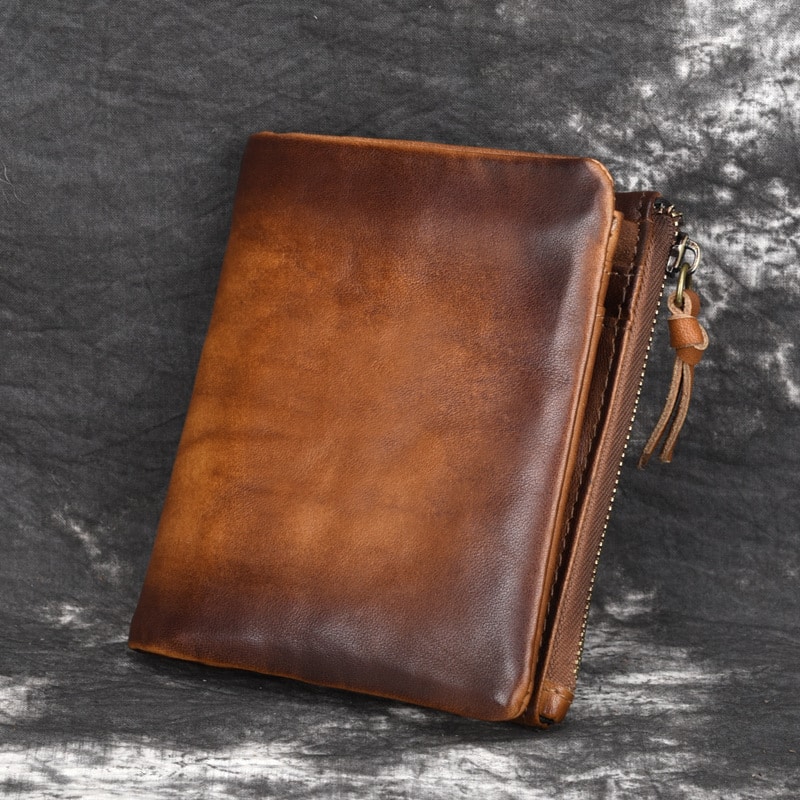 Portefeuille rétro à fermeture zippée et en cuir pur pour hommes – Image 2