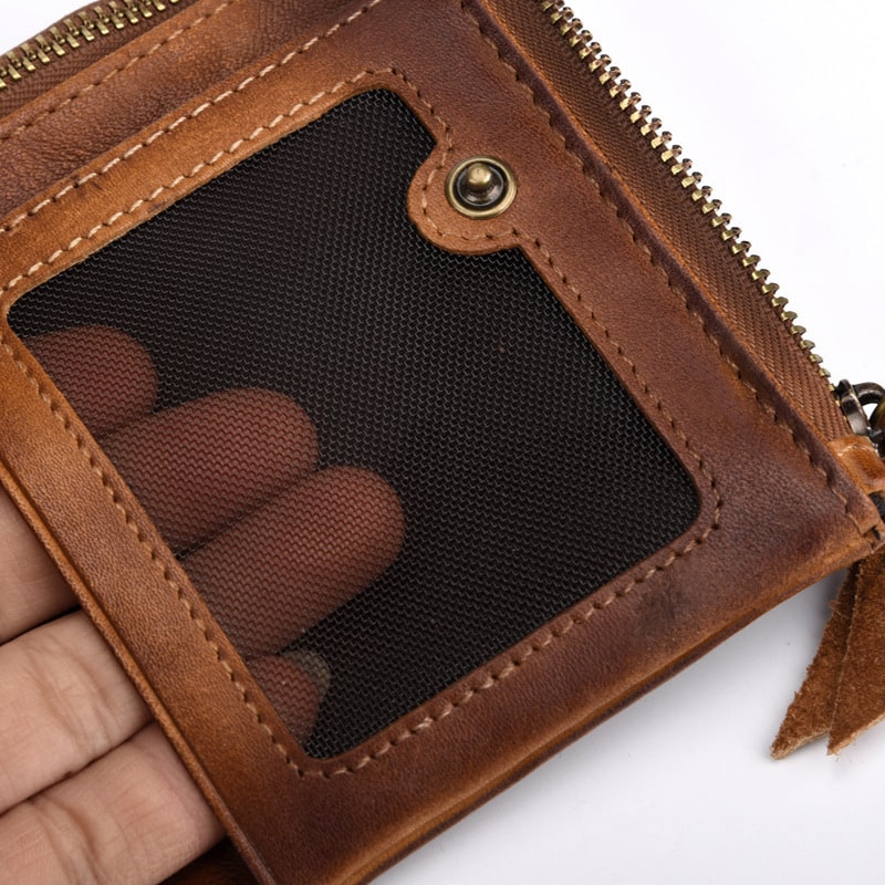 Portefeuille rétro à fermeture zippée et en cuir pur pour hommes – Image 5