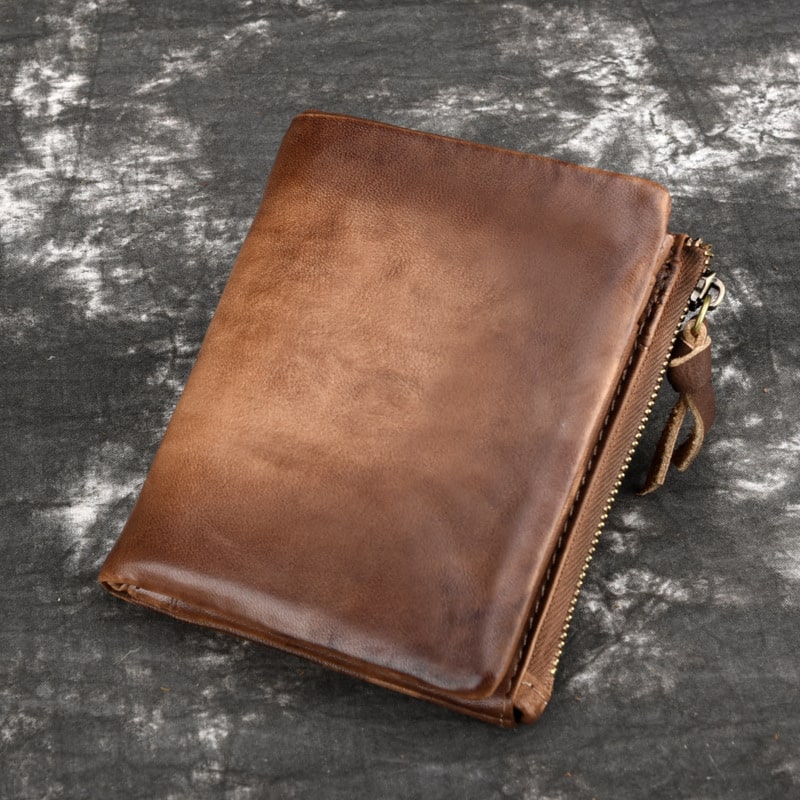 Portefeuille rétro à fermeture zippée et en cuir pur pour hommes