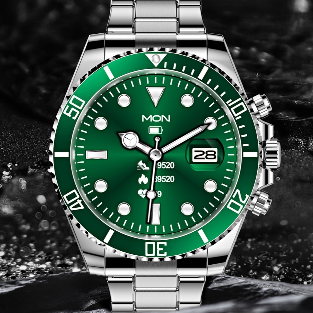 Montre élégante à cadran d'eau vert en acier inoxydable pour hommes