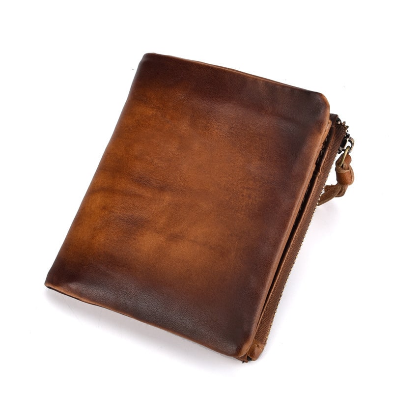 Portefeuille rétro à fermeture zippée et en cuir pur pour hommes – Image 4