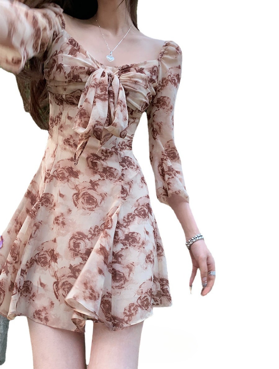 Robe élégante à manches longues imprimées en mousseline de soie pour femmes – Image 2
