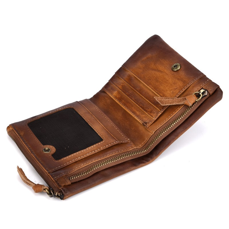 Portefeuille rétro à fermeture zippée et en cuir pur pour hommes – Image 3