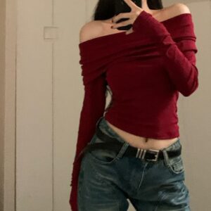 Tricot vintage à une épaule et à manches longues pour femmes