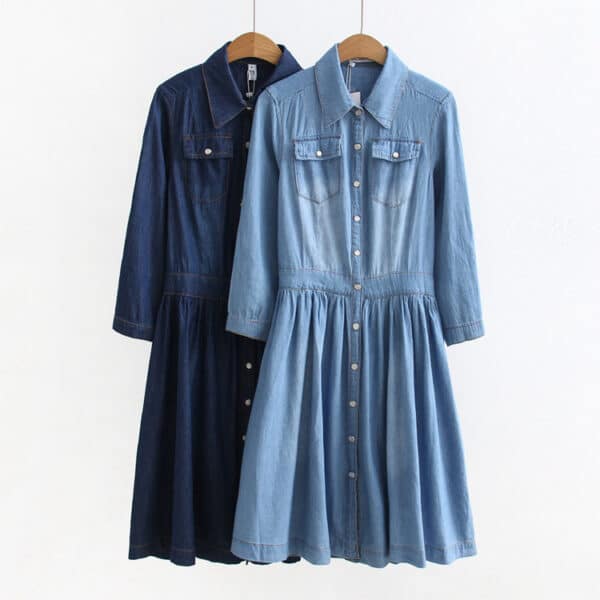 Robe en jeans cintrée avec manches intermédiaires à la mode pour femmes