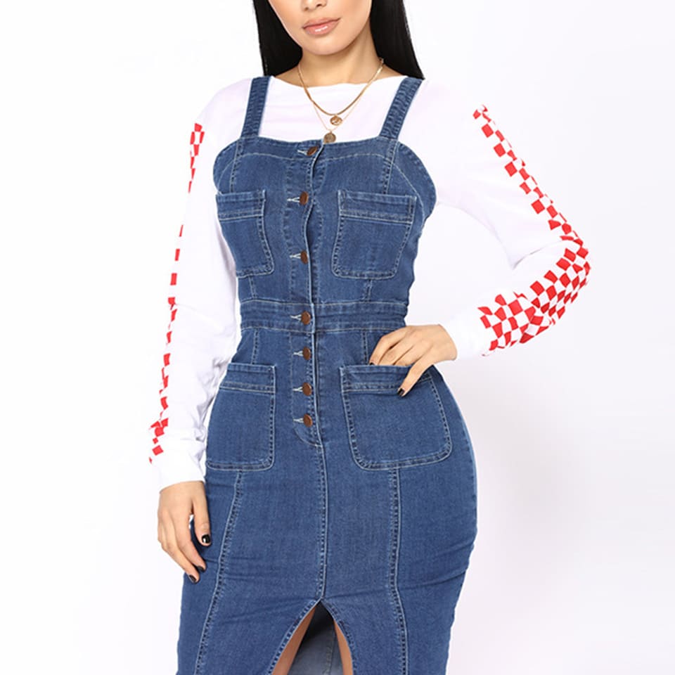 Robe en denim avec collants en bandoulière de mode pour femmes – Image 4