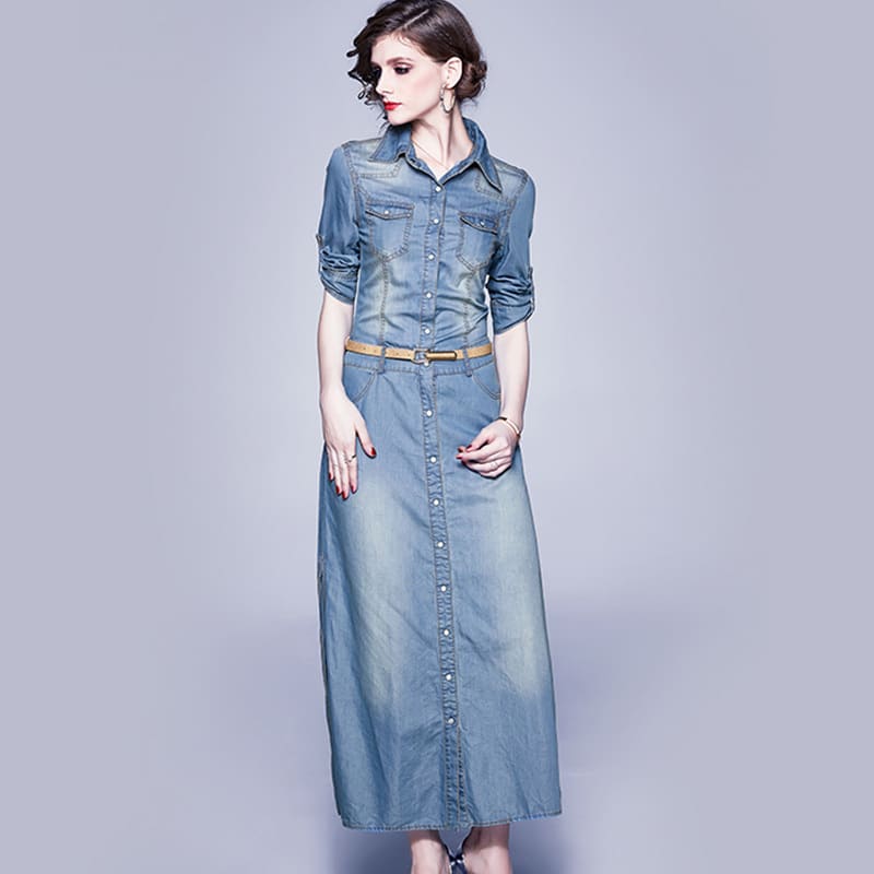 Robe en denim bleu tencel avec fente et revers à la mode pour dames – Image 2