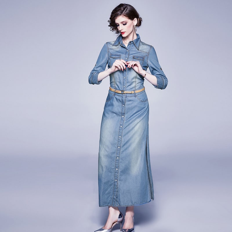 Robe en denim bleu tencel avec fente et revers à la mode pour dames