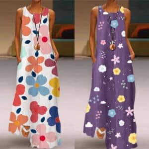 Robe sans manches imprimée à col rond avec grandes poches pour femmes