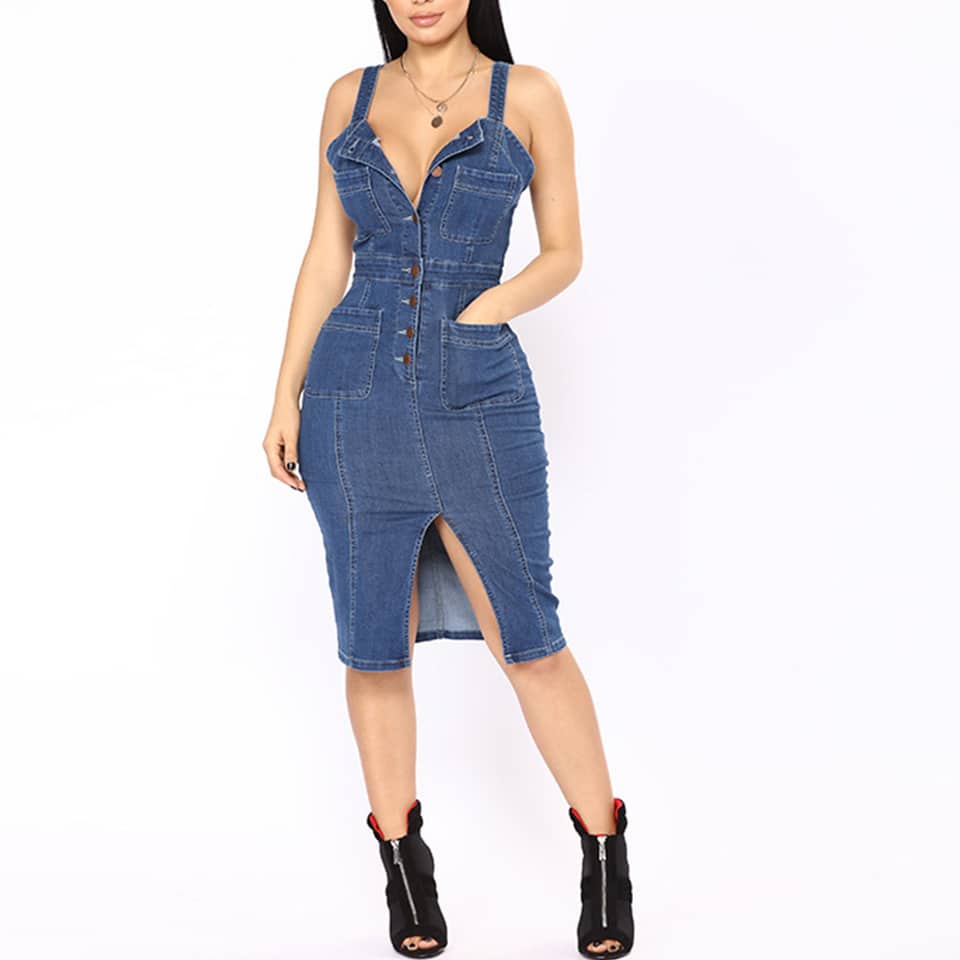 Robe en denim avec collants en bandoulière de mode pour femmes – Image 2
