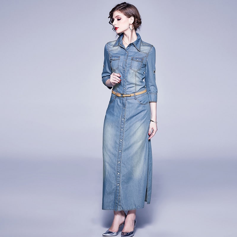 Robe en denim bleu tencel avec fente et revers à la mode pour dames – Image 3
