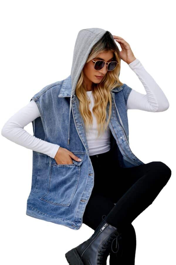 Gilet en denim à capuche détachable à la mode pour dames – Image 6