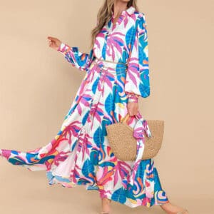 Robe imprimée à manches longues et col polo avec ourlet surdimensionné pour femmes