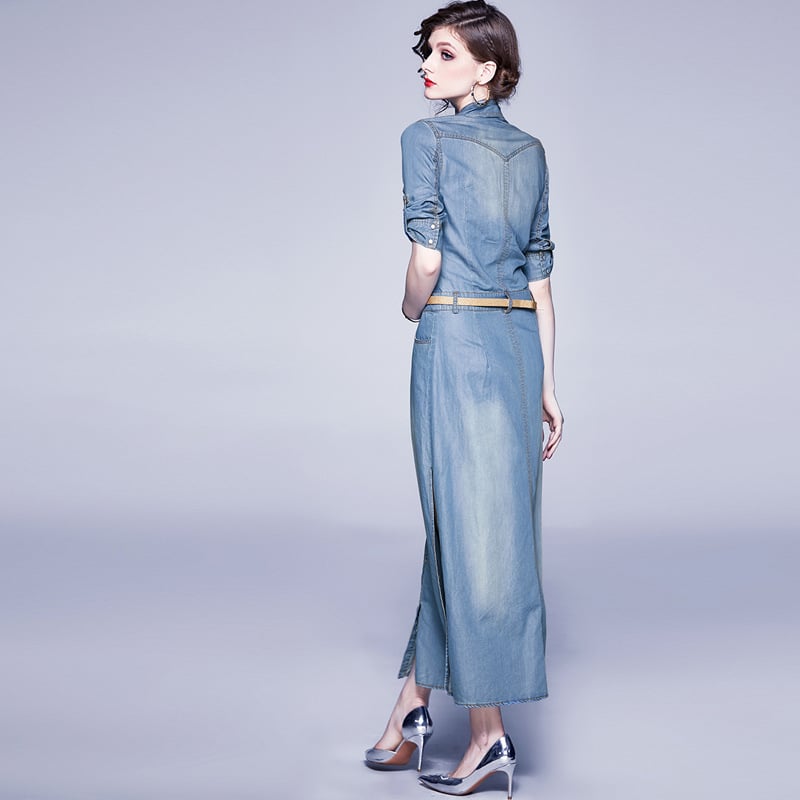 Robe en denim bleu tencel avec fente et revers à la mode pour dames – Image 4