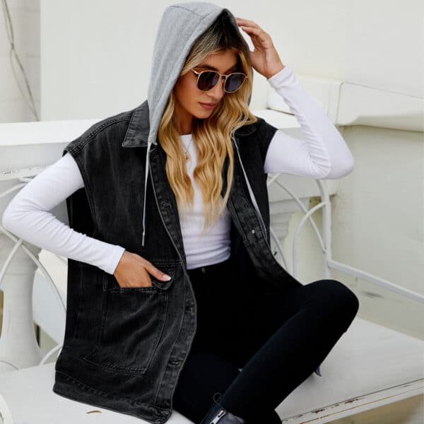 Gilet en denim à capuche détachable à la mode pour dames – Image 2
