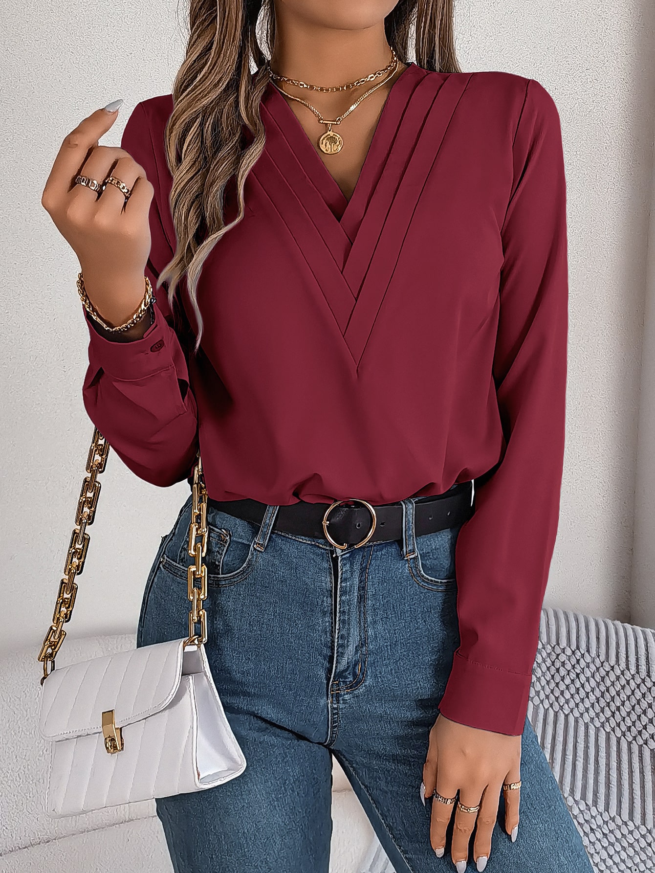 Chemise à manches longues à col en V, élégante chemisier solide pour femmes – Image 8