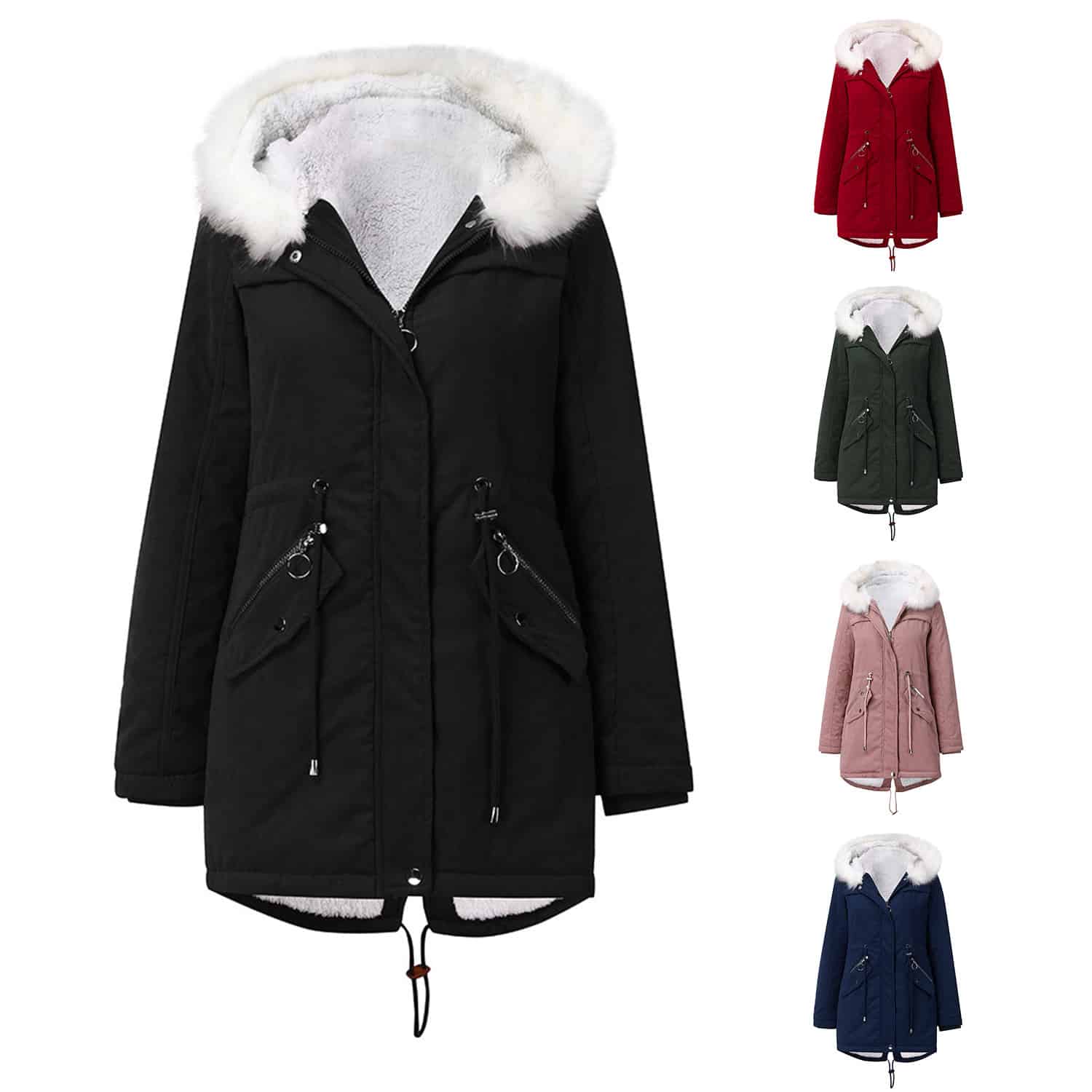 Manteau en coton rembourré pour femmes. Parka à col en fourrure blanche