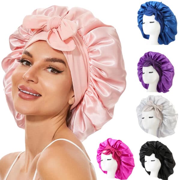 Bonnet en satin à double couches pour femmes. Bonnet de nuit. Bonnet de sommeil. Echarpe pour cheveux avec bande de cravate pour cheveux bouclés