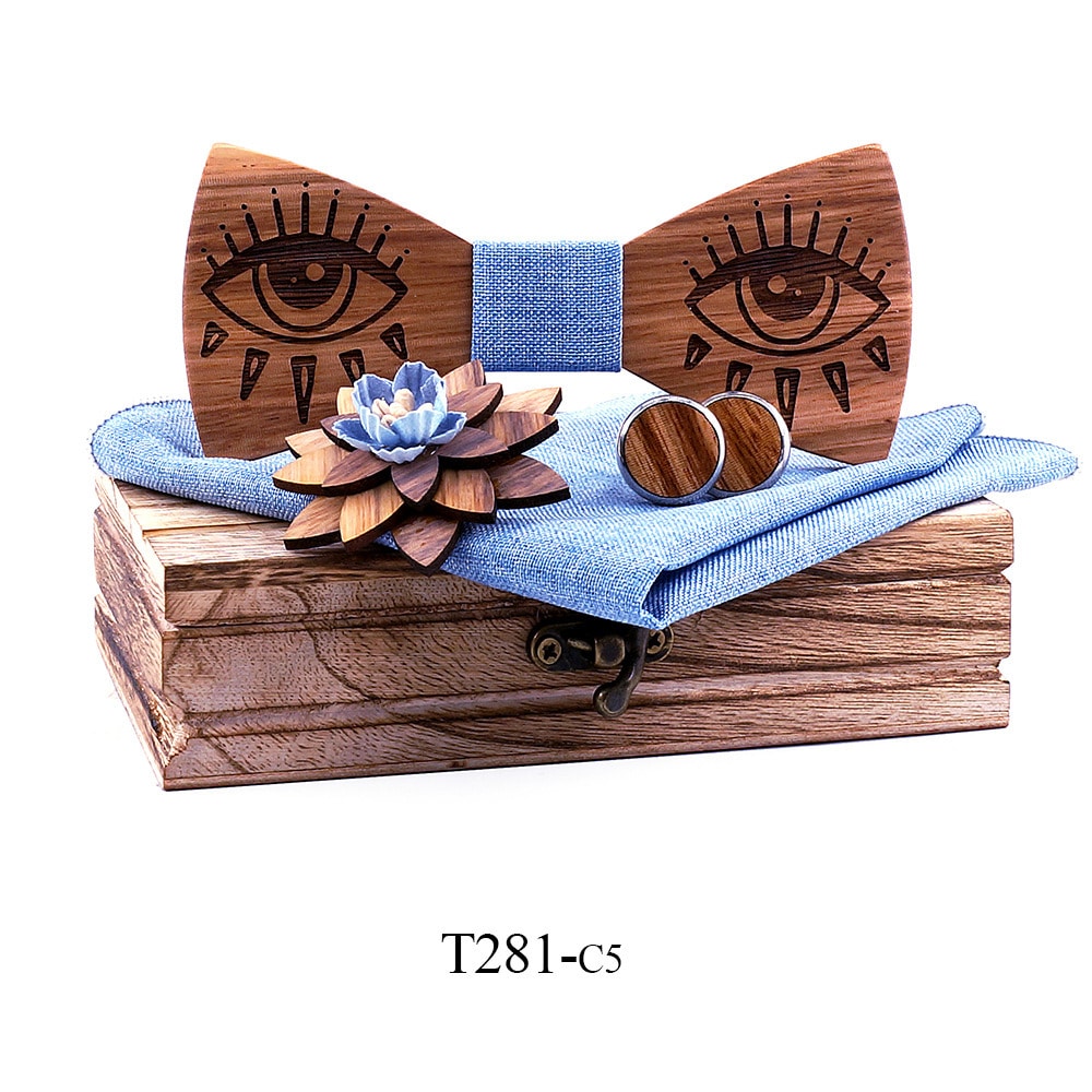 Ensemble noeud papillon en bois massif avec boutons de manchette – Image 5