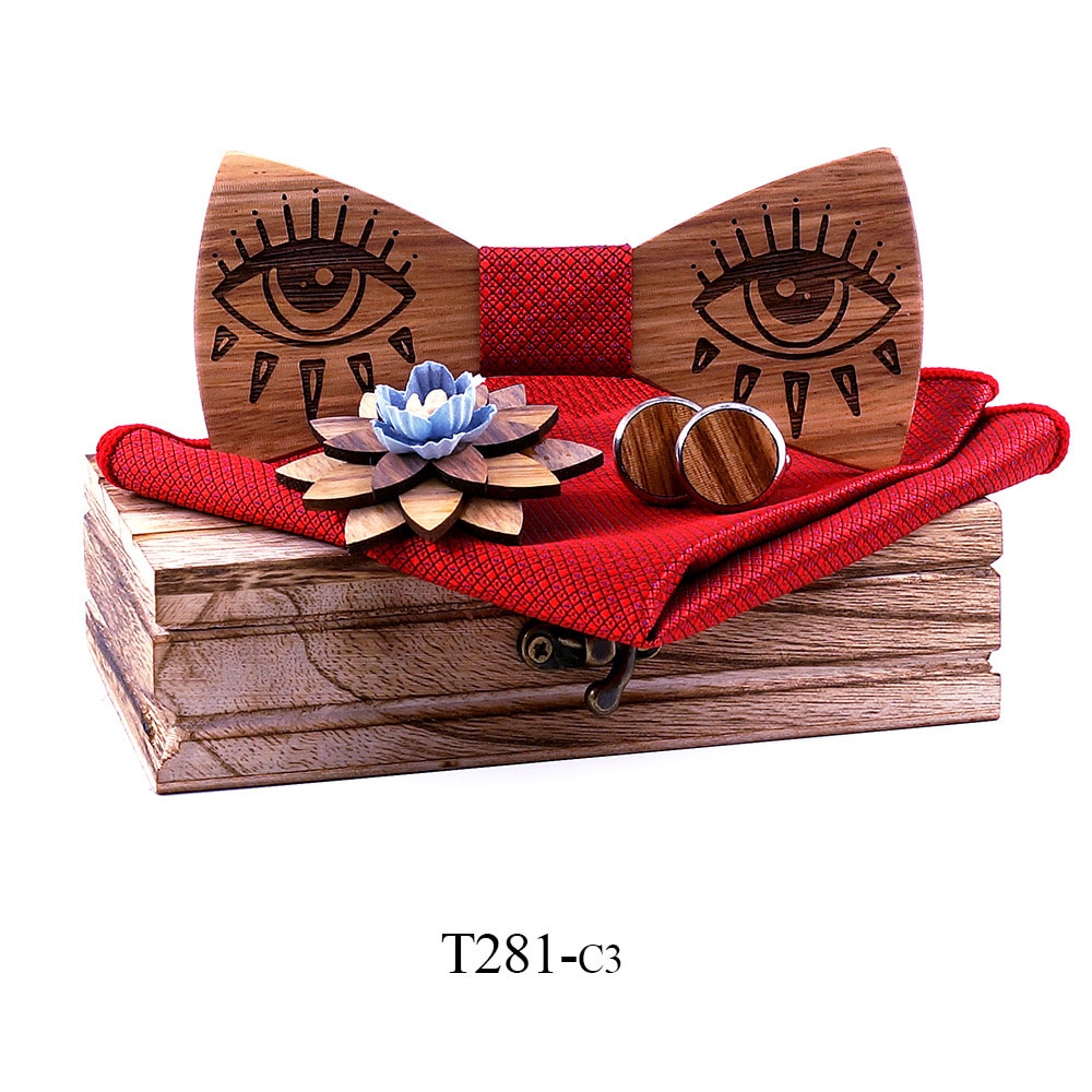 Ensemble noeud papillon en bois massif avec boutons de manchette – Image 9