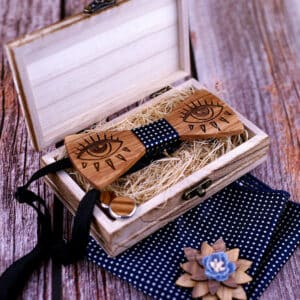 Ensemble noeud papillon en bois massif avec boutons de manchette