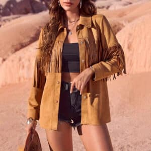 Veste à franges en daim de style western de couleur unie pour femmes