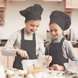 Combinaison de chef de cuisine à bavette noire et chapeau pour enfants, garçons et filles