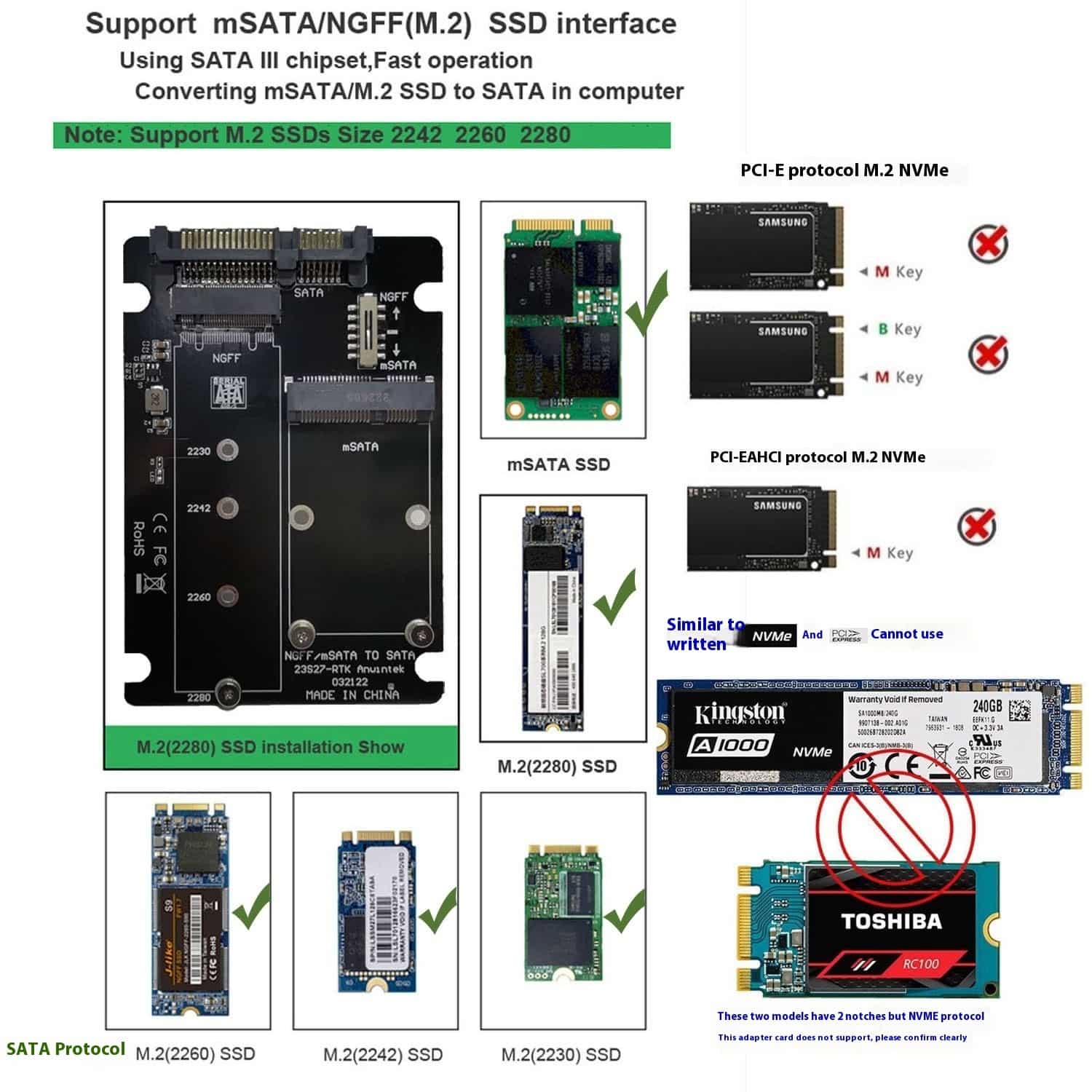 Carte adaptatrice SSD à semi-conducteurs MSATAm2 N – Image 3