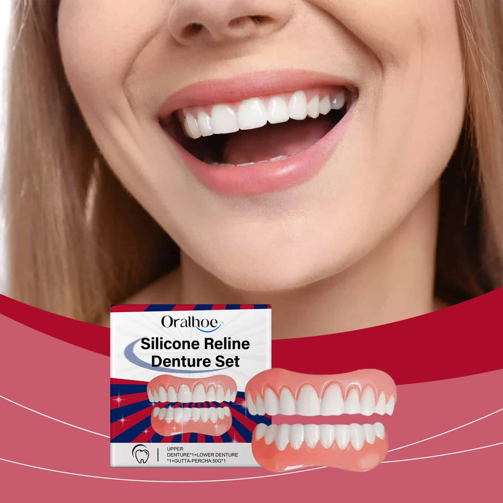 Dentier. Prothèses dentaires inférieures et supérieures ajustables pour femmes et hommes