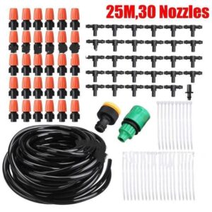Kit d'arrosage automatique de jardin par brumisation avec 5 à 25m de tuyau et 10 à 30 buses de pulvérisation réglables