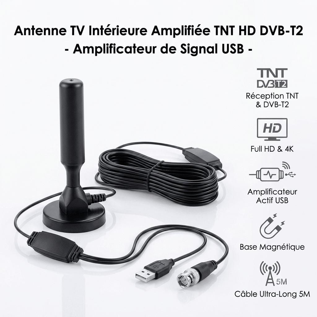 Antenne TV intérieure amplifiée TNT HD DVD T2. Amplificateur de signal USB – Image 5
